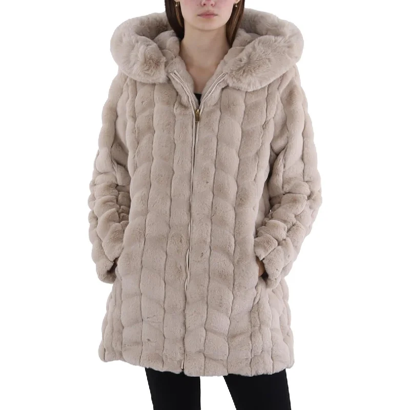 Via Spiga Womens Faux Fur Hooded Faux Fur Coat Warm Hooded Poncho