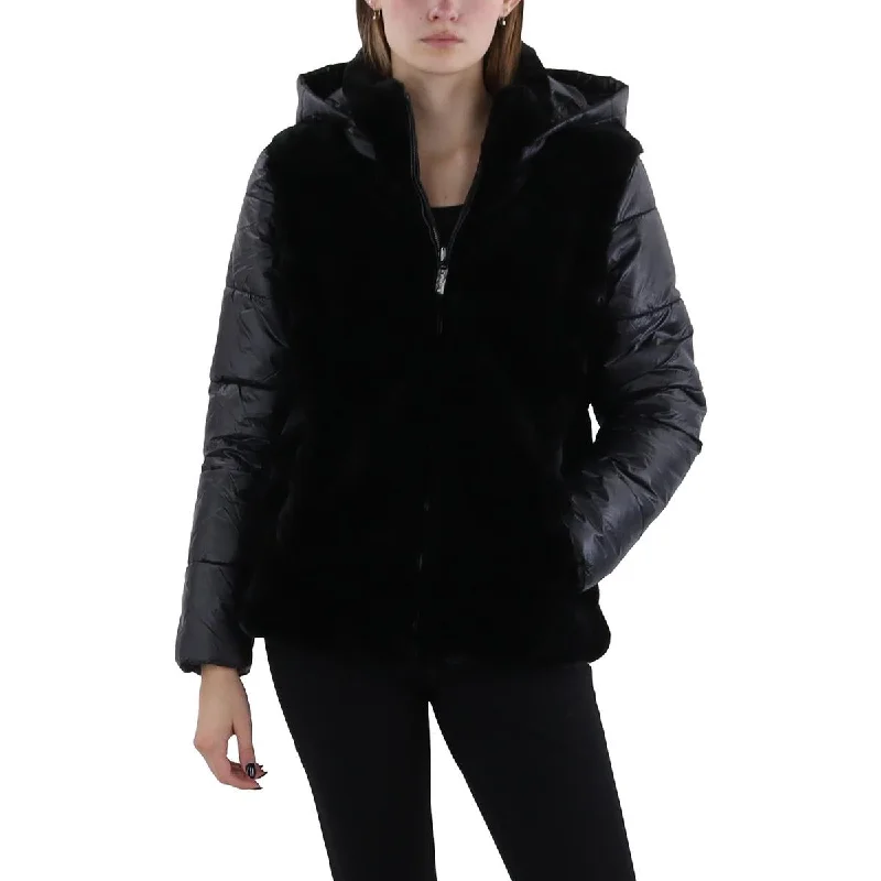 Via Spiga Womens Faux Fur Puffer Faux Fur Coat Modern Asymmetric Coat
