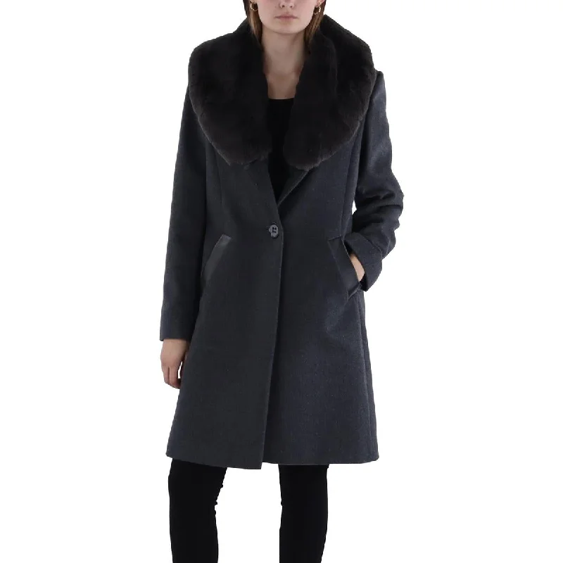 Via Spiga Womens Faux Fur Trim Midi Walker Coat Soft Flannel Shacket