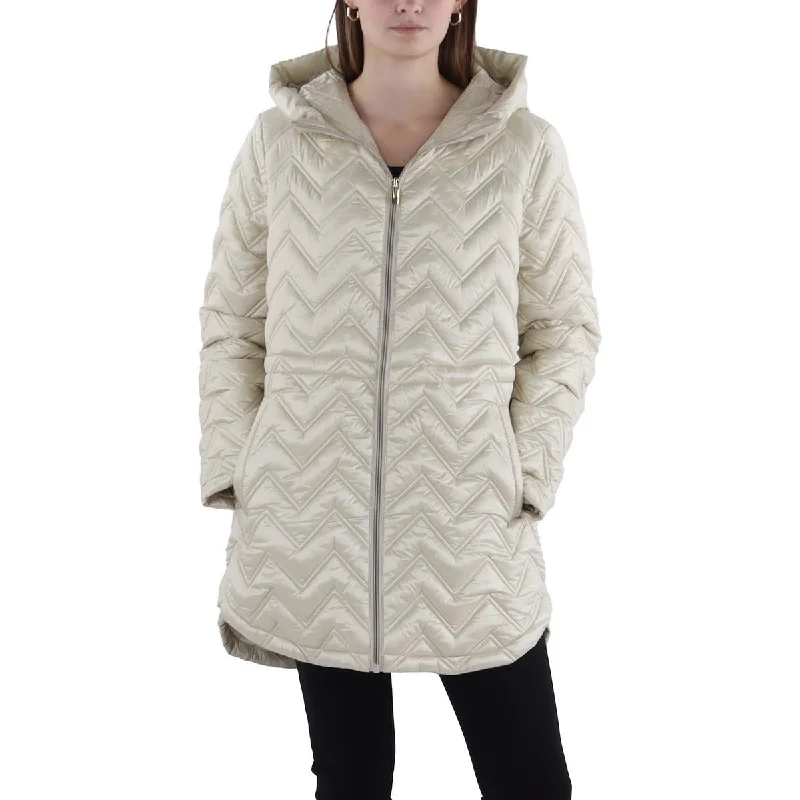 Via Spiga Womens Hooded Cold Weather Quilted Coat Cropped Fleece Jacket