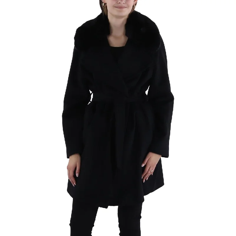 Via Spiga Womens Wool Faux Fur Trim Walker Coat Draped Collar Cardigan
