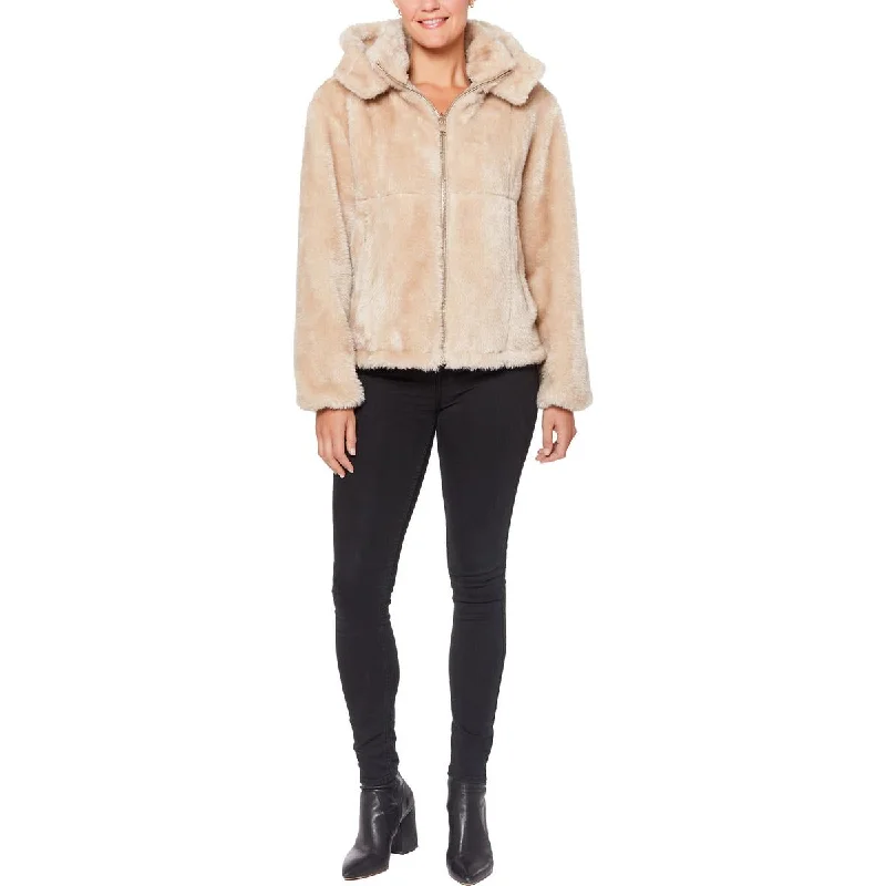 Vince Camuto Womens Faux Fur Hooded Faux Fur Coat Fuzzy Sherpa Pullover