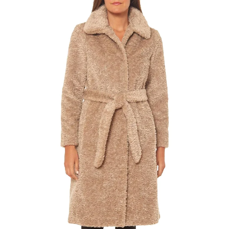 Vince Camuto Women's Faux Fur Mid-Length Belted Teddy Coat Ultra-Light Down Coat