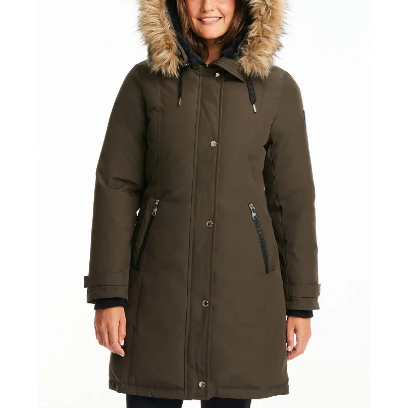 Vince Camuto Womens Faux Fur Trim Hooded Parka Coat Classic Riding Jacket