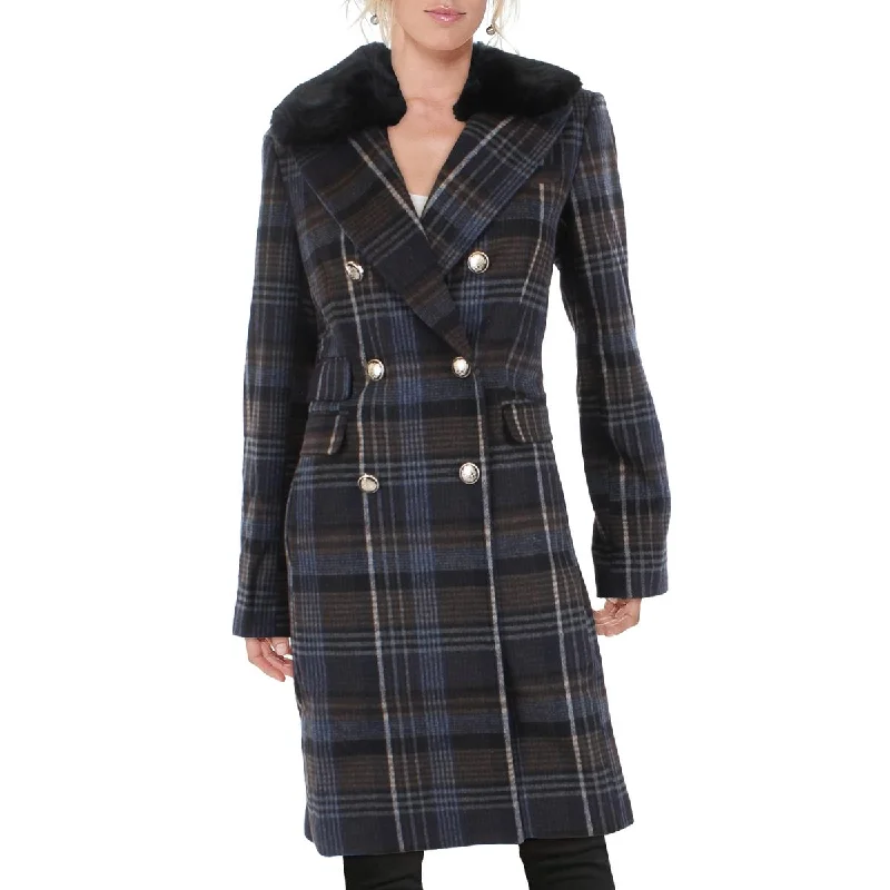 Vince Camuto Womens Midi Double Breasted Walker Coat Cropped Fleece Jacket