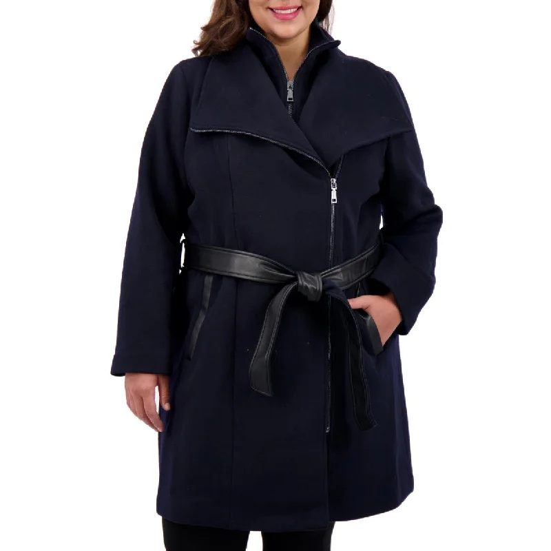 Vince Camuto Womens Plus Wool Blend Midi Wrap Coat Fleece Lined Windbreaker