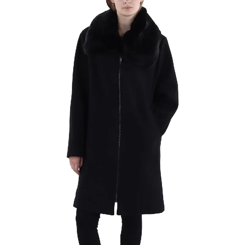 Vince Camuto Womens Wool Blend Faux Fur Collar Wool Coat Thick Layered Jacket