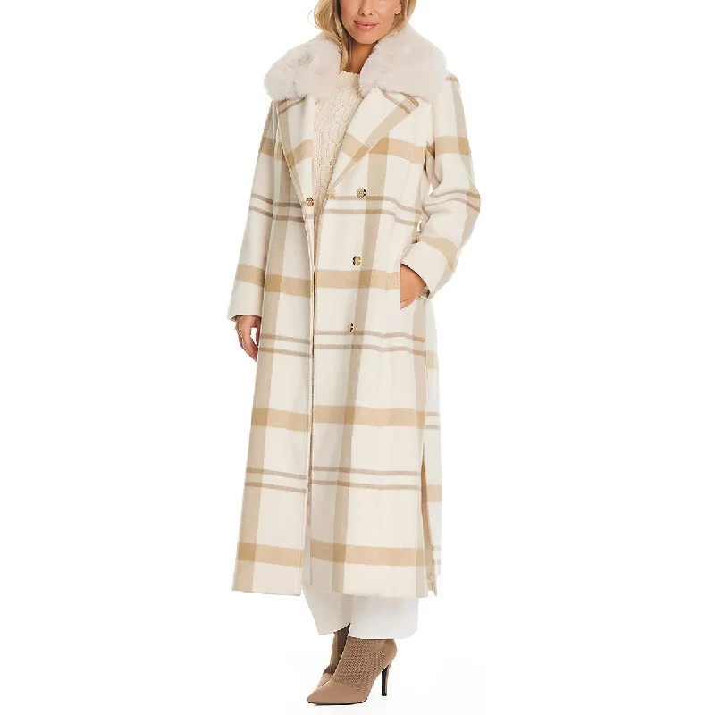 Vince Camuto Womens Wool Blend Faux Fur Trim Walker Coat Cropped Moto Jacket