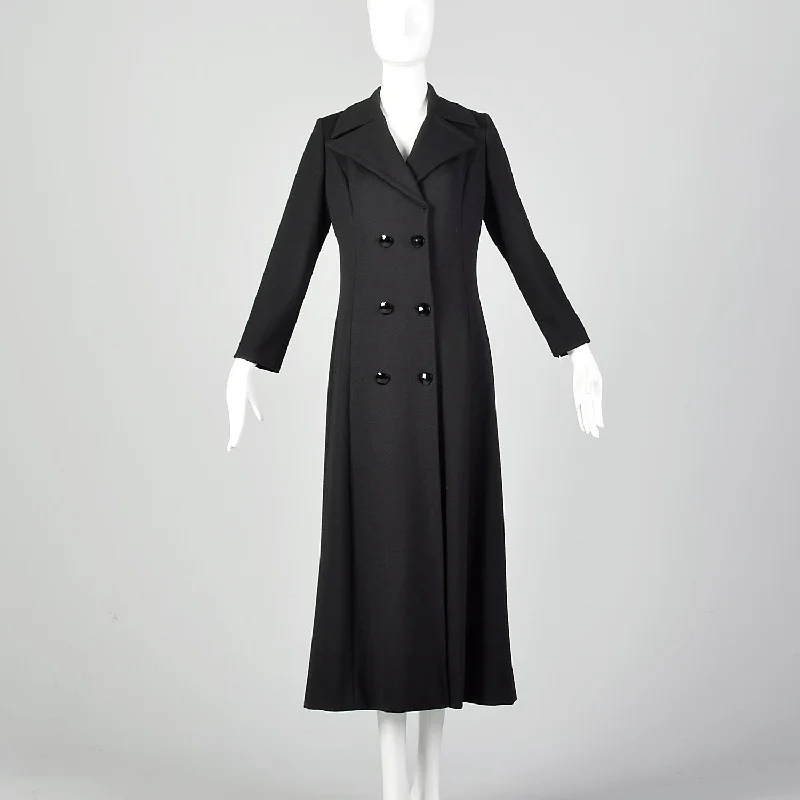 XS 1970s Double Breasted Black Maxi Coat Structured Wool Blazer