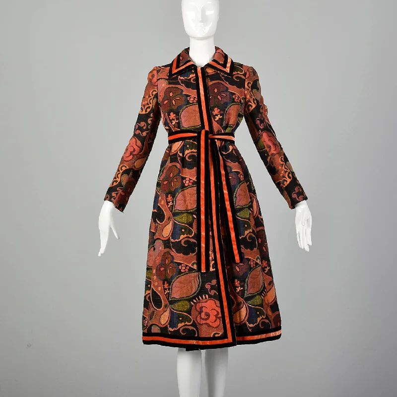 XS 1970s Orange Belted Tapestry Coat Buttoned Peplum Coat
