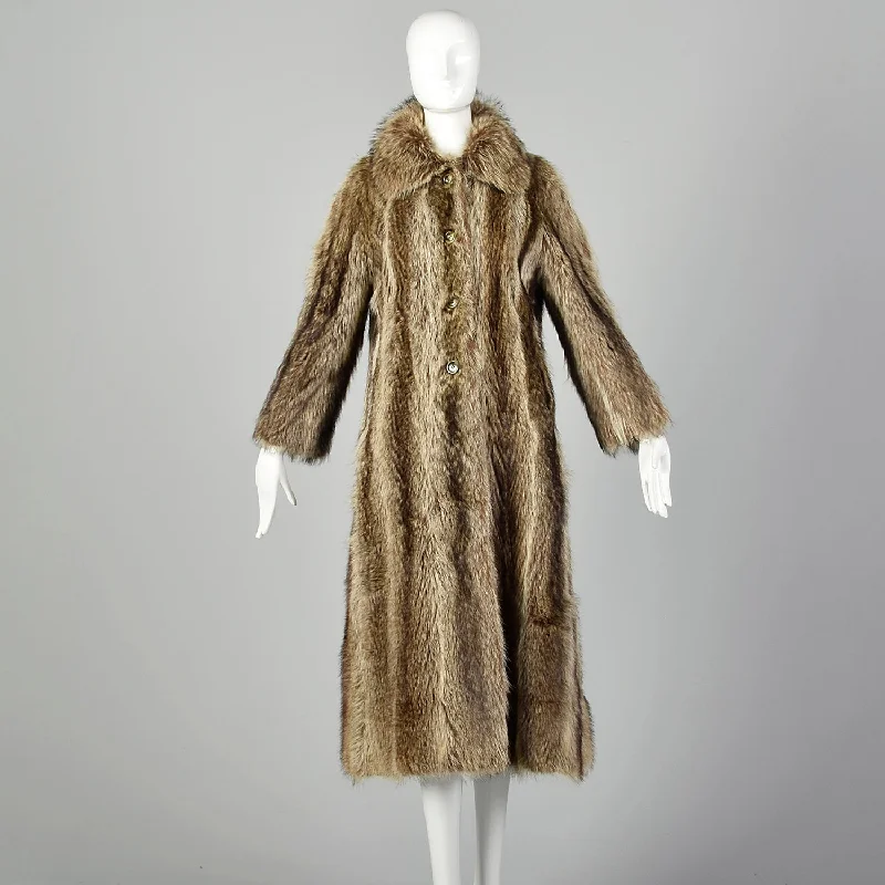 XS 1970s Raccoon Fur Coat Plaid Checkered Coat