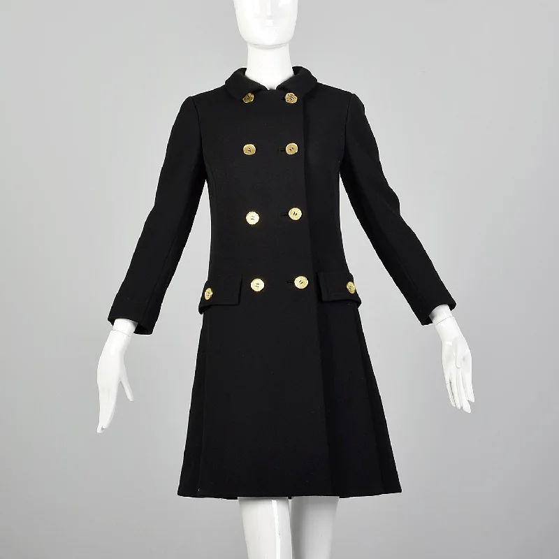 XXS 1960s Double-Breasted Black Wool Coat Hooded Parka Coat