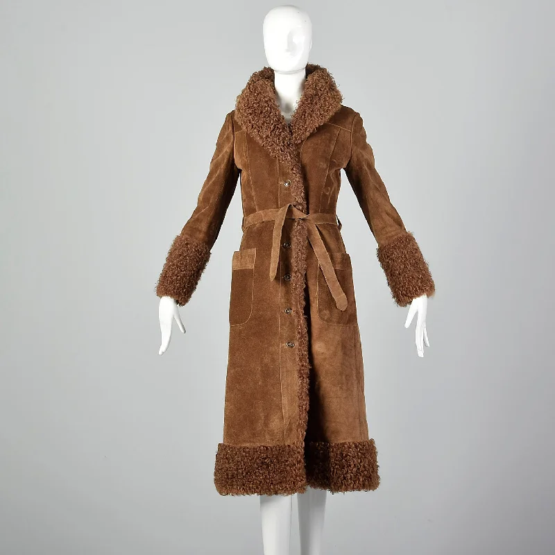 XXS 1970s Brown Suede Leather Shearling Lined Coat Puff Sleeve Overcoat