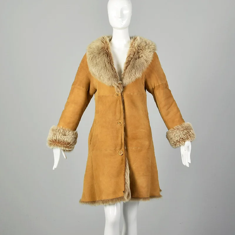 XXS-XS Brown Shearling Coat Minimalist Wool Duster