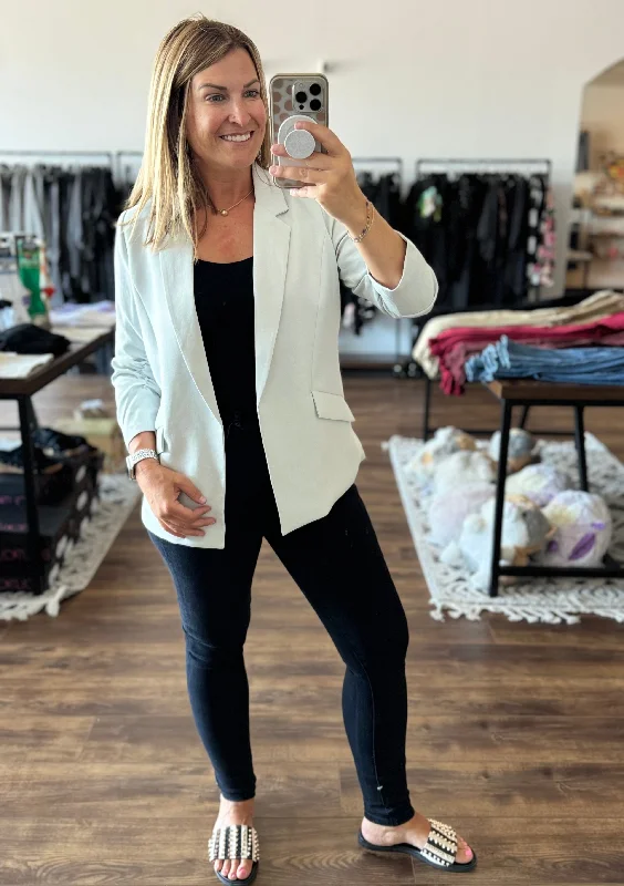 Eco-Friendly Recycled Poly Shirred Sleeve Blazer - Dove Grey Women's Fashion Blazer