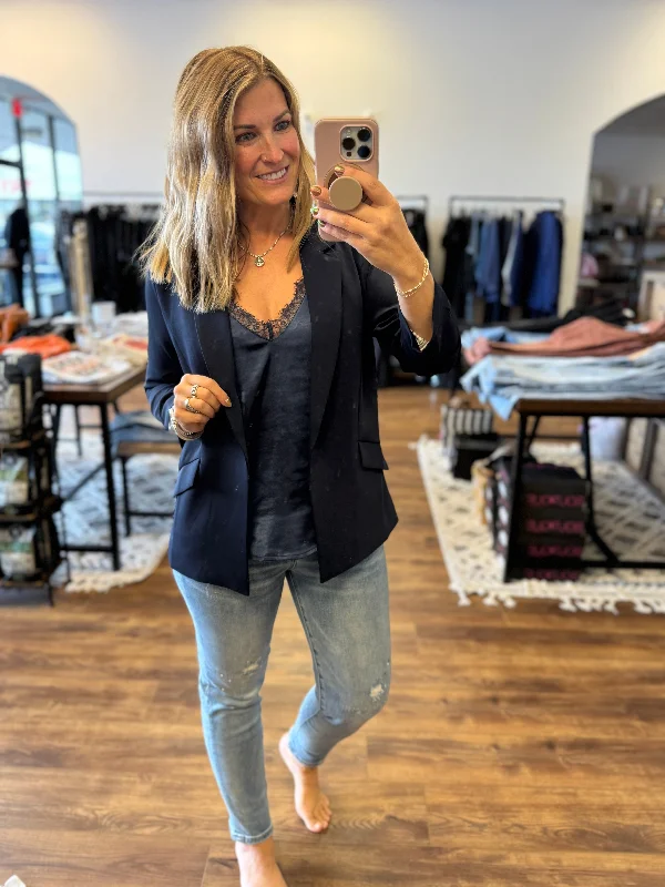 Eco-Friendly Recycled Poly Shirred Sleeve Blazer - Navy Women's High-End Blazer