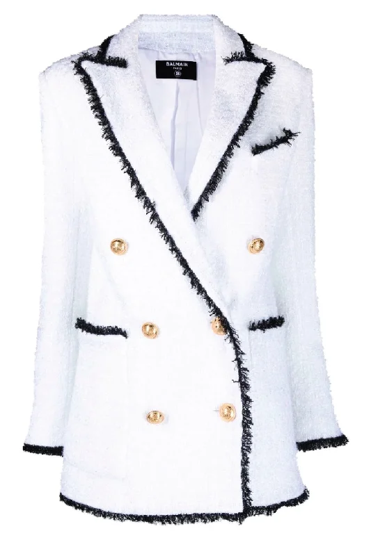 Balmain 6 Button Fringed Tweed Blazer - White/ Black Women's Handmade Blazer