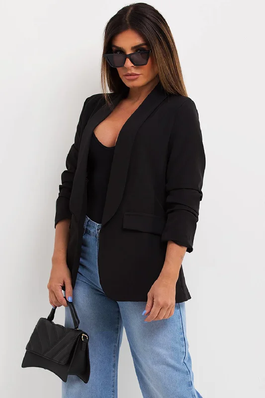 Black Ruched Sleeve Blazer Women's Wedding Blazer