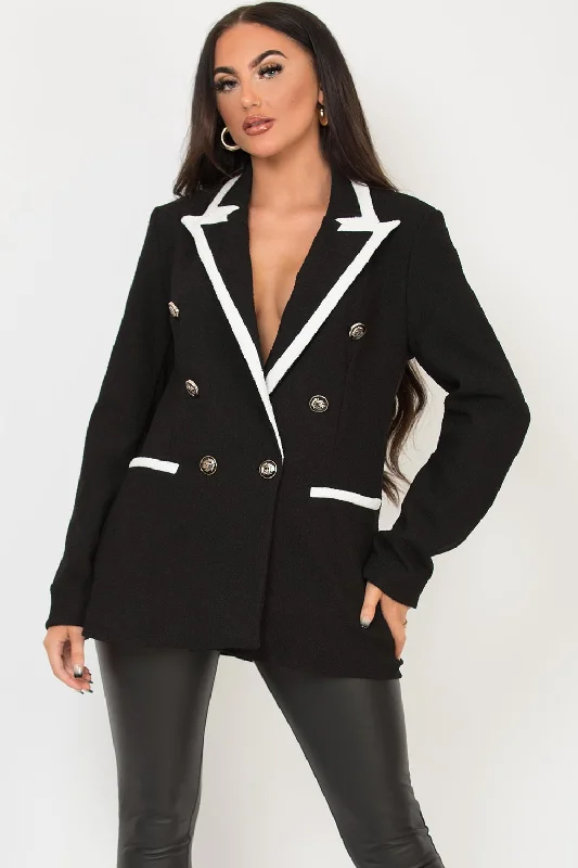 Black Tweed Blazer With Lapel Collar Women's Trendy Jacket