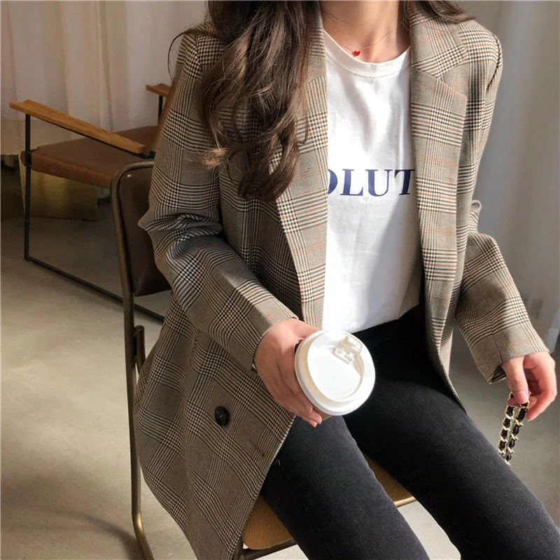 Collar Plaid Women Blazer Cotton Blend Blazer