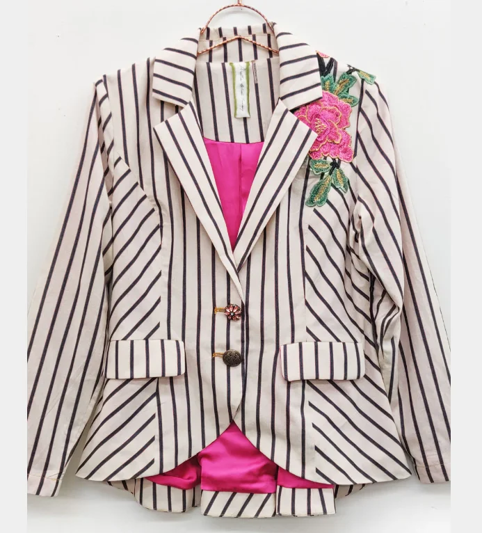 Derby Princess Linen Stripe Embroidered Blazer Women's Custom Jacket