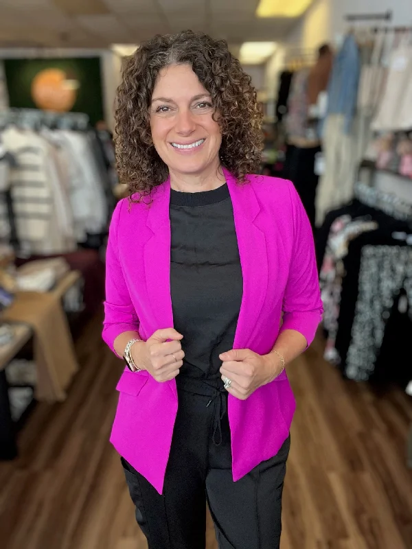 Eco-Friendly Recycled Poly Shirred Sleeve Blazer - Magenta Women's Handmade Blazer