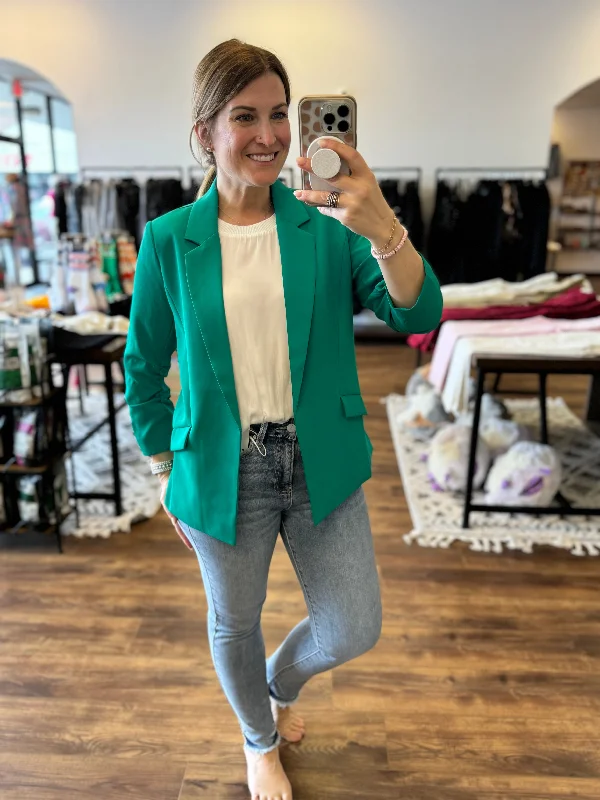 Eco-Friendly Recycled Poly Shirred Sleeve Blazer - Jade Women's Trendy Jacket