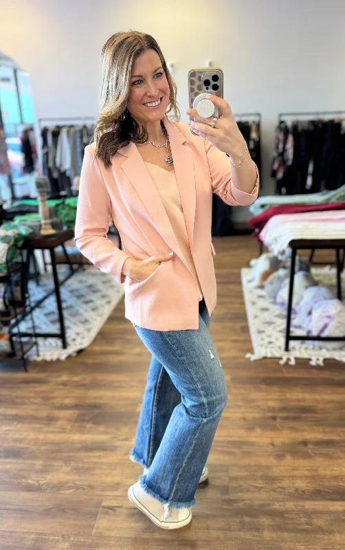 Eco-Friendly Recycled Poly Shirred Sleeve Blazer - Rose Cloud Women's Elegant Suit