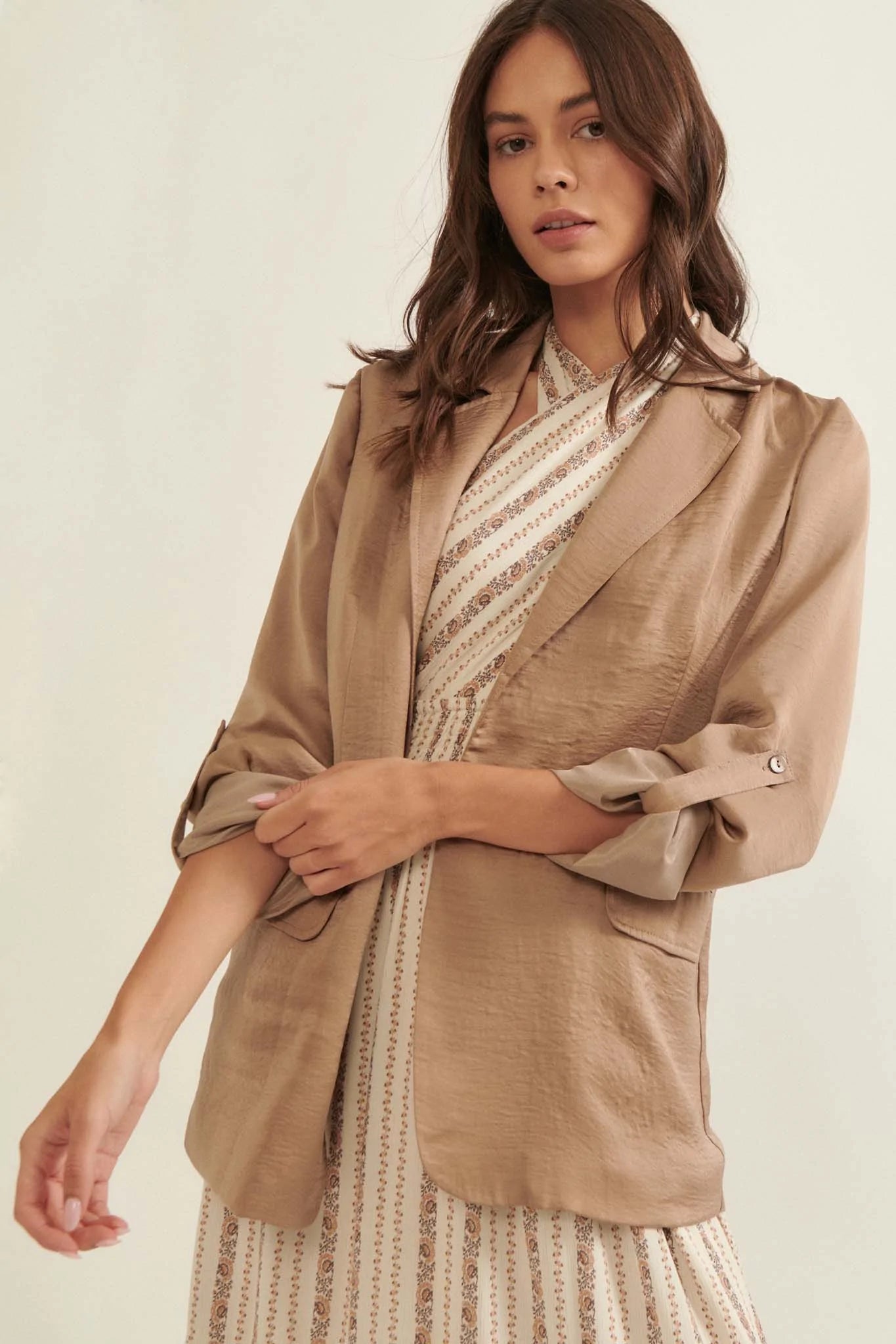 Go With the Flow Washed Satin Roll-Up Blazer Women's Business Blazer