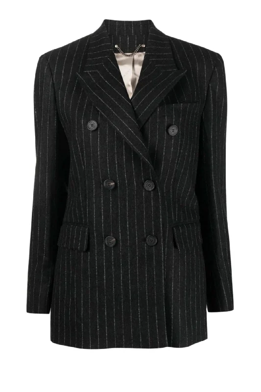 Golden Goose Double Breasted Flannel Pinstripes Blazer - Melange Dark Grey/ Arctic Wolf Women's Print Jacket Golden Goose Double Breasted Flannel Pinstripes Blazer - Melange Dark Grey/ Arctic Wolf Women's Print Jacket