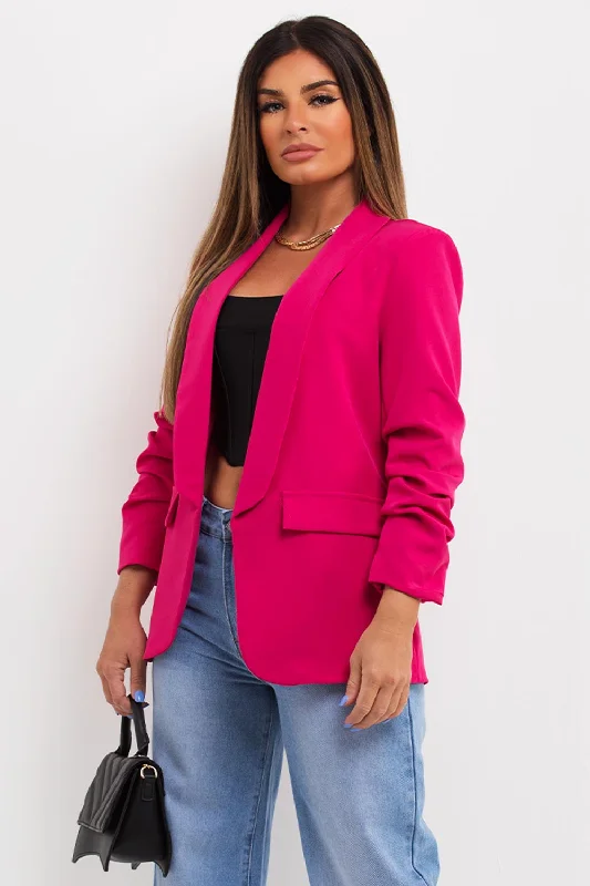 Hot Pink Ruched Sleeve Blazer Women's Classic Suit