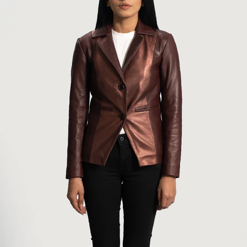 Ruby Metallic Maroon Leather Blazer Women's Navy Jacket