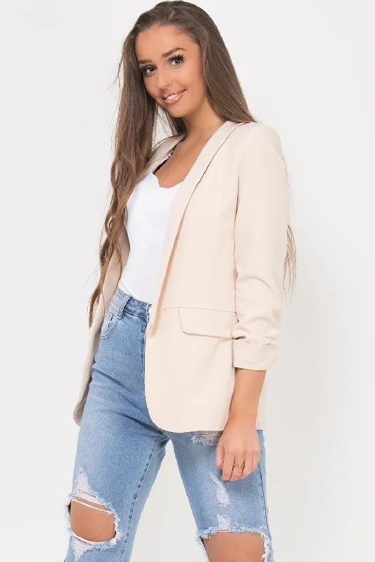 Ruched Sleeve Blazer Beige Women's Warm Suit