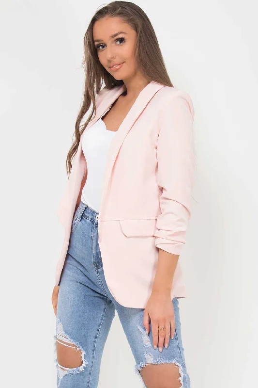 Ruched Sleeve Blazer Pink Women's Lightweight Blazer