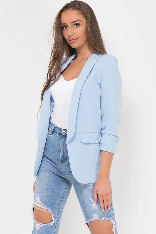 Ruched Sleeve Blazer Sky Blue Summer Women's Jacket