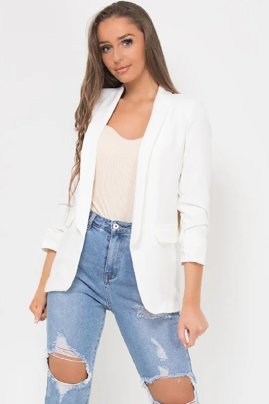 Ruched Sleeve Blazer Cream Women's Short Blazer