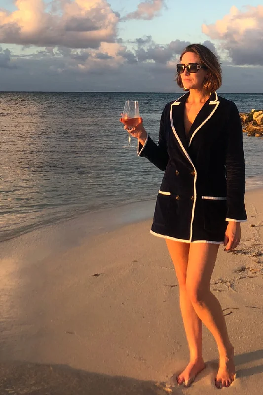 The Siren Double Breasted Blazer / Mini-dress in Black with White Trim Women's Casual Suit