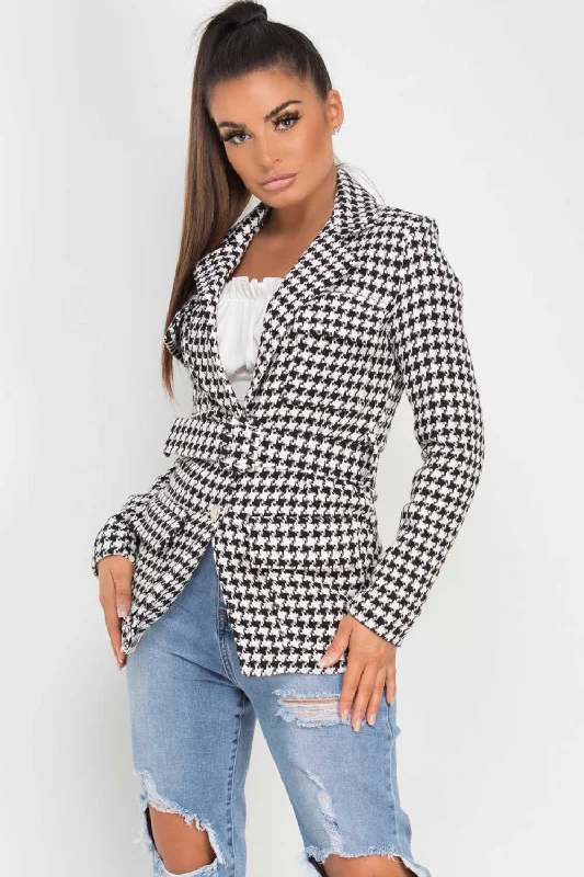 Tweed Blazer With Belt Black And White Women's Pencil Blazer