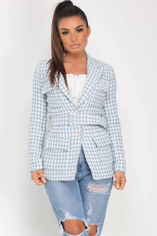 Tweed Blazer With Belt Sky Blue Slimming Women's Blazer