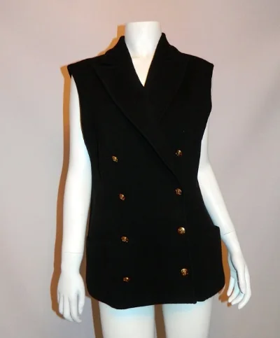 vintage 1980s black Sonia Rykiel wool vest blazer / gold SR logo buttons M L Women's Elegant Suit