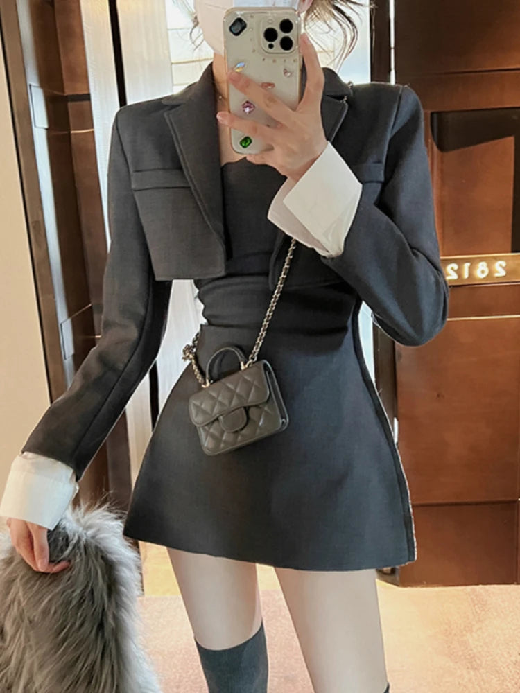 Znbbw Korean Two Piece Dress Set Women Casual Blazer Coat + Strap Dress Set Female Grey Slim Vintage Elegant Dress Suit 2024 New Women's Custom Jacket