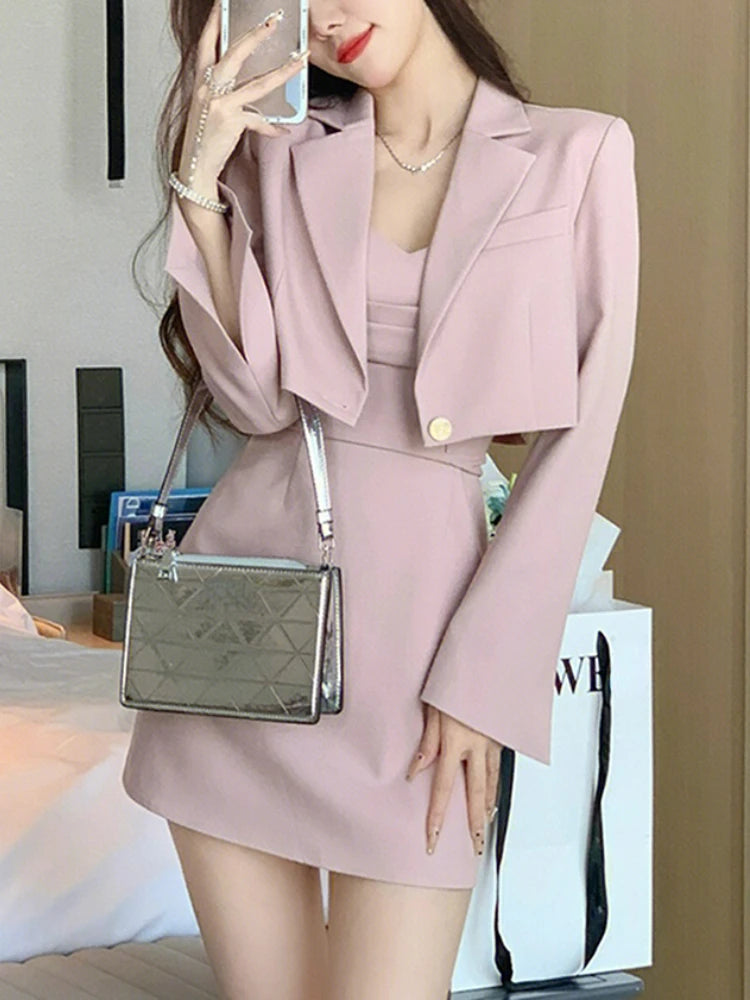Znbbw Style Two Piece Dress Set Women Elegant Blazer Coat + Strap Dress Set Female Casual France Vintage Dress Suit 2024 New Women's Boutique Suit Znbbw Style Two Piece Dress Set Women Elegant Blazer Coat + Strap Dress Set Female Casual France Vintage Dress Suit 2024 New Women's Boutique Suit