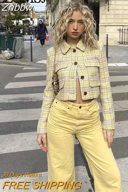 Znbbw TRAF Women Front Flap Cropped Tweed Blazer Coat Vintage Lapel Collar Long Sleeve Female Outerwear Chic Tops Women's Boutique Suit