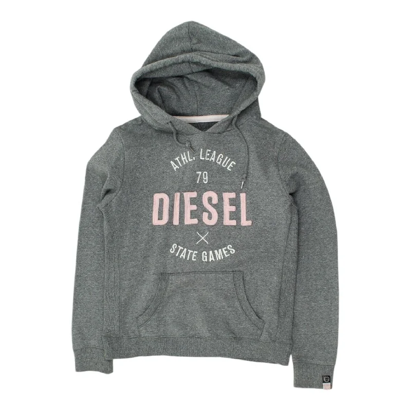 Diesel Womens Grey Spell Out Logo Pullover Hoodie | Casual Sportswear Hoody VTG Short Puff Sleeve Diesel Womens Grey Spell Out Logo Pullover Hoodie | Casual Sportswear Hoody VTG Short Puff Sleeve