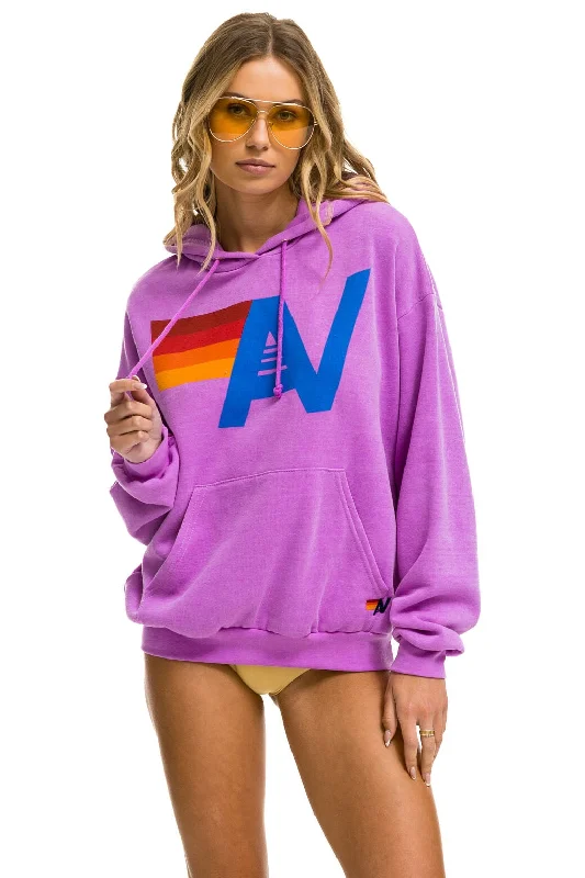 LOGO PULLOVER RELAXED HOODIE - NEON PURPLE Shirred Sleeve Feminine