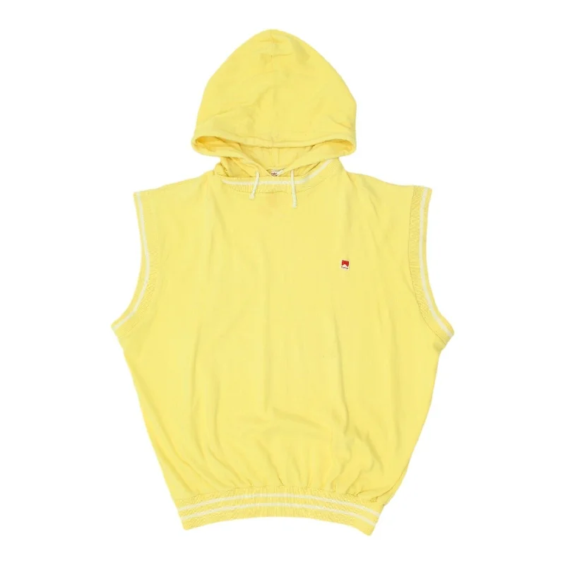Marlboro Leisure Wear Mens Yellow Sleeveless Pullover Hoodie | Vintage 90s Hoody Ruffle Sleeve Feminine Marlboro Leisure Wear Mens Yellow Sleeveless Pullover Hoodie | Vintage 90s Hoody Ruffle Sleeve Feminine