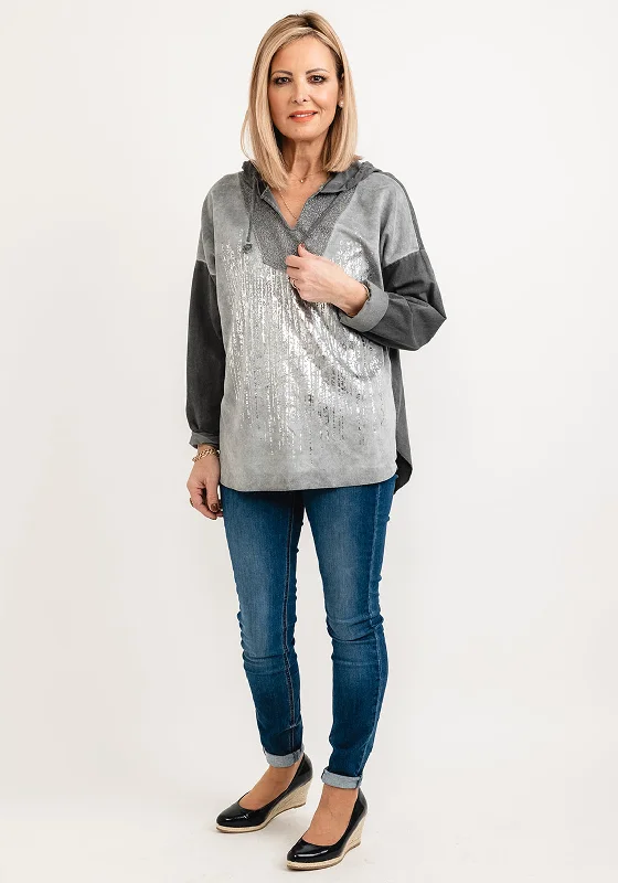 Seventy1 One Size Abstract Metallic Hooded Pullover, Grey Box Sleeve Comfort