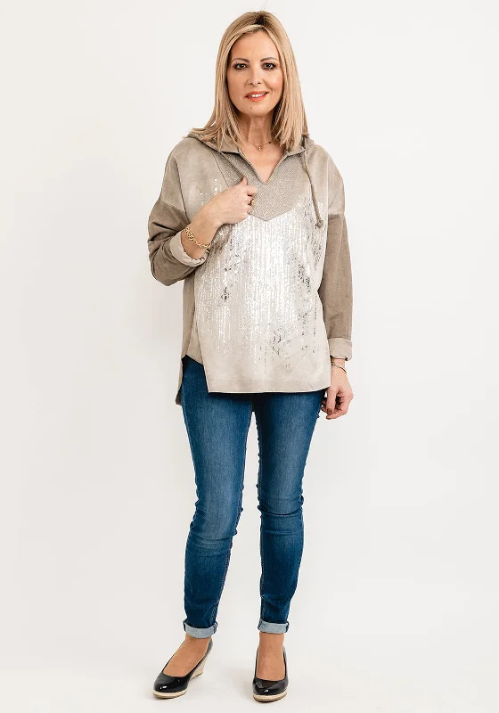 Seventy1 One Size Abstract Metallic Hooded Pullover, Taupe Bell Sleeve Stylish