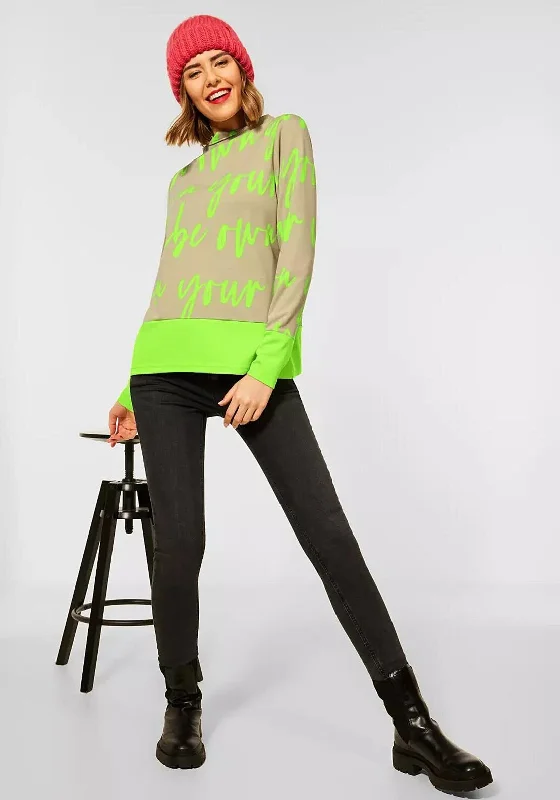 Street One Neon Text Print Pullover, Apple Green & Beige Notched Neck Pullover
