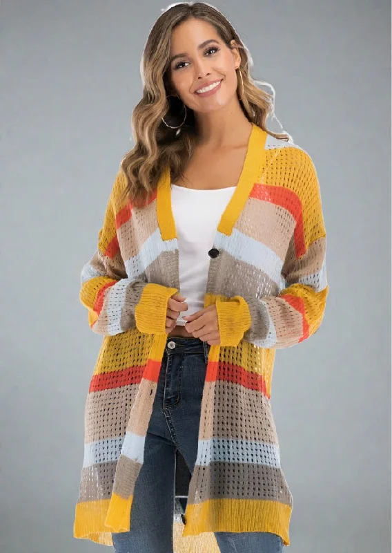 Color Block Openwork Long Sleeve Cardigan